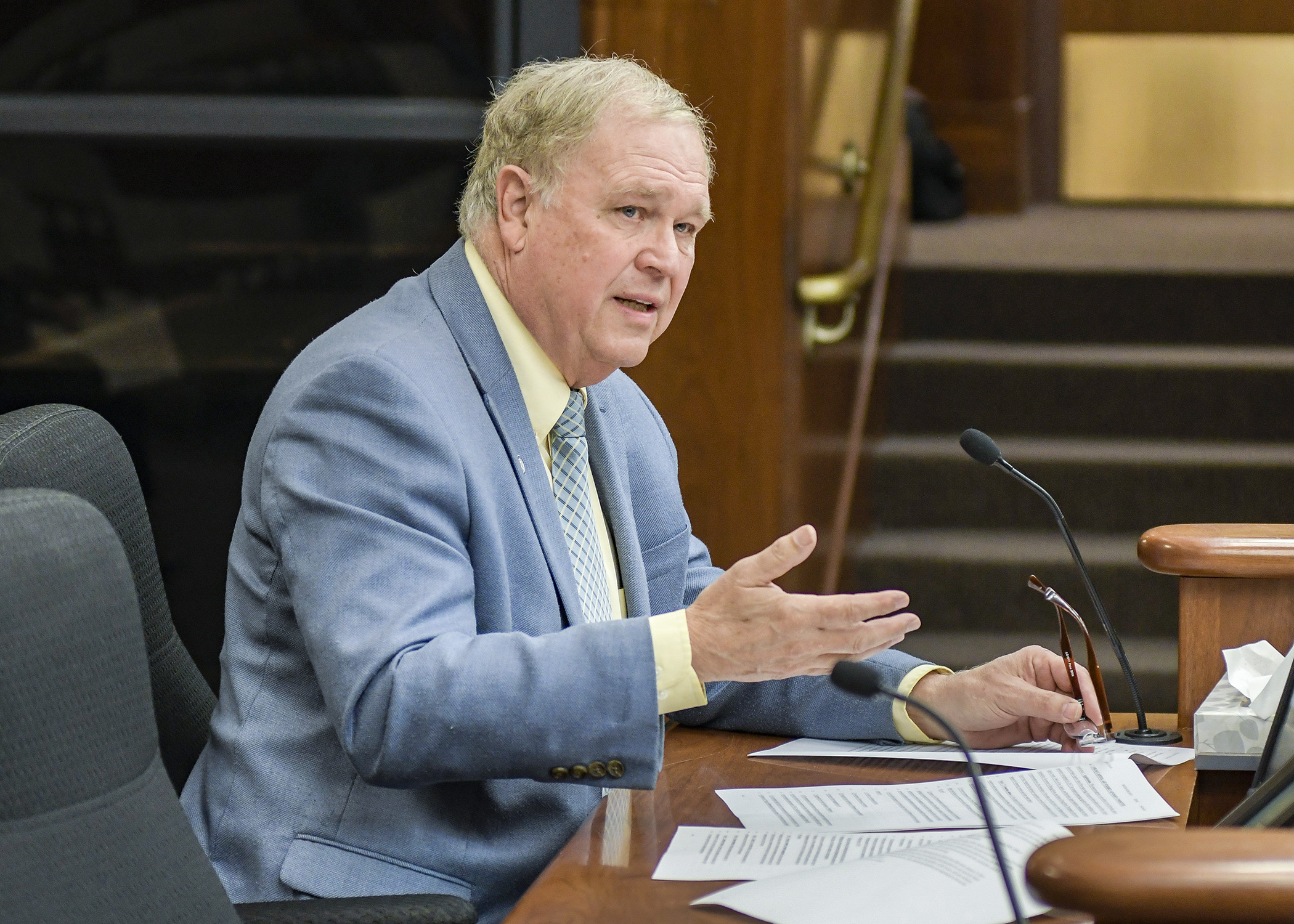 Rep. Dean Urdahl testifies before the House Government Operations and Elections Policy Committee April 25 while presenting HF4256, a bill that would establish a Capitol Art Advisory Committee. Photo by Andrew VonBank